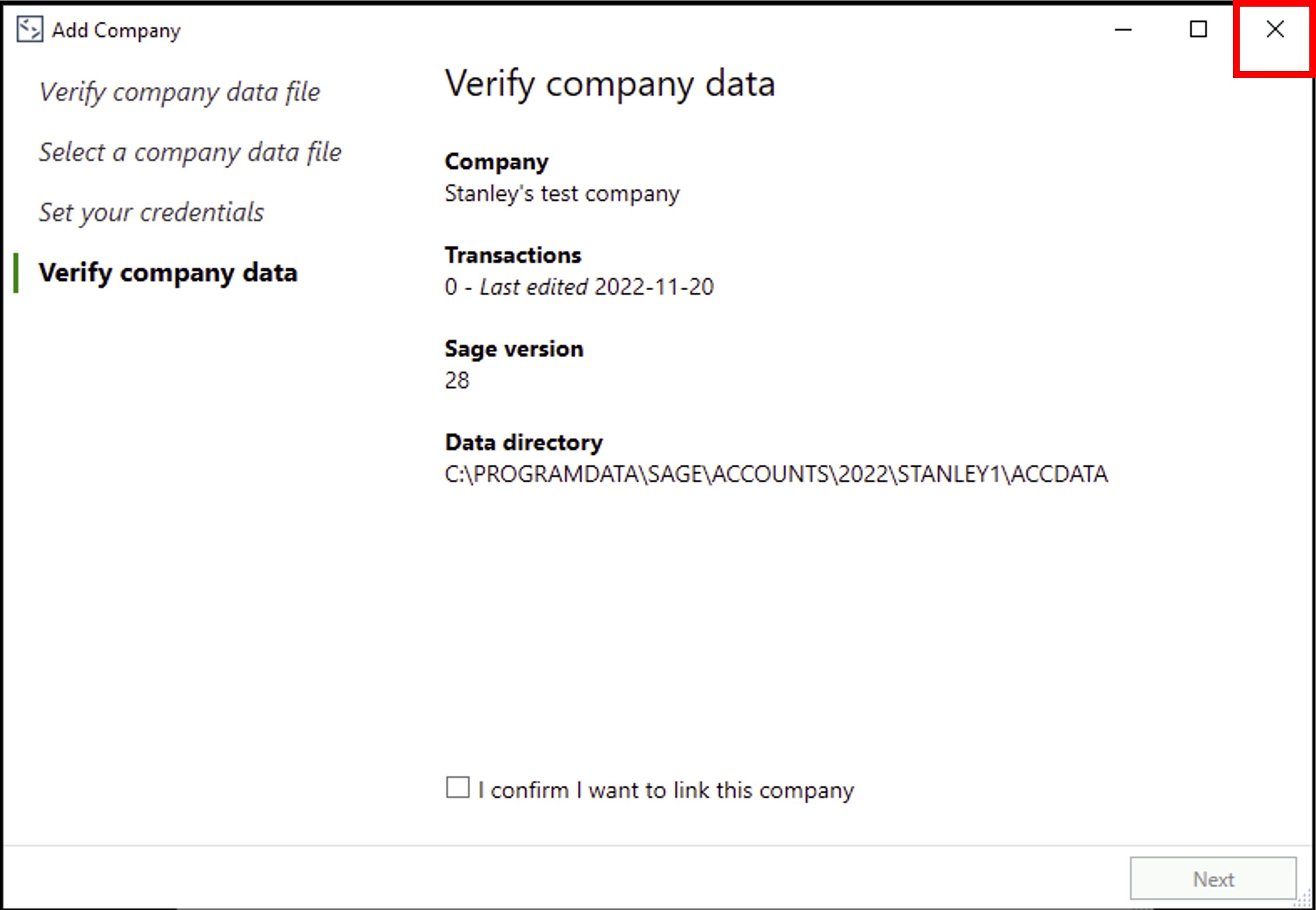 Add company wizard with the close icon highlighted. Text
