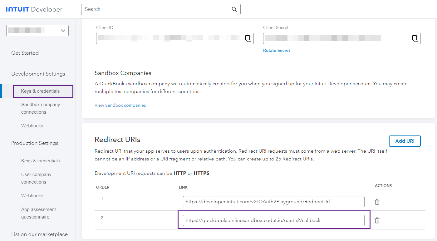 Intuit Developer Portal: An app configured with the redirect URI for Codat's QuickBooks Online Sandbox integration. bill-pay_intuit-developer-redirect-uri